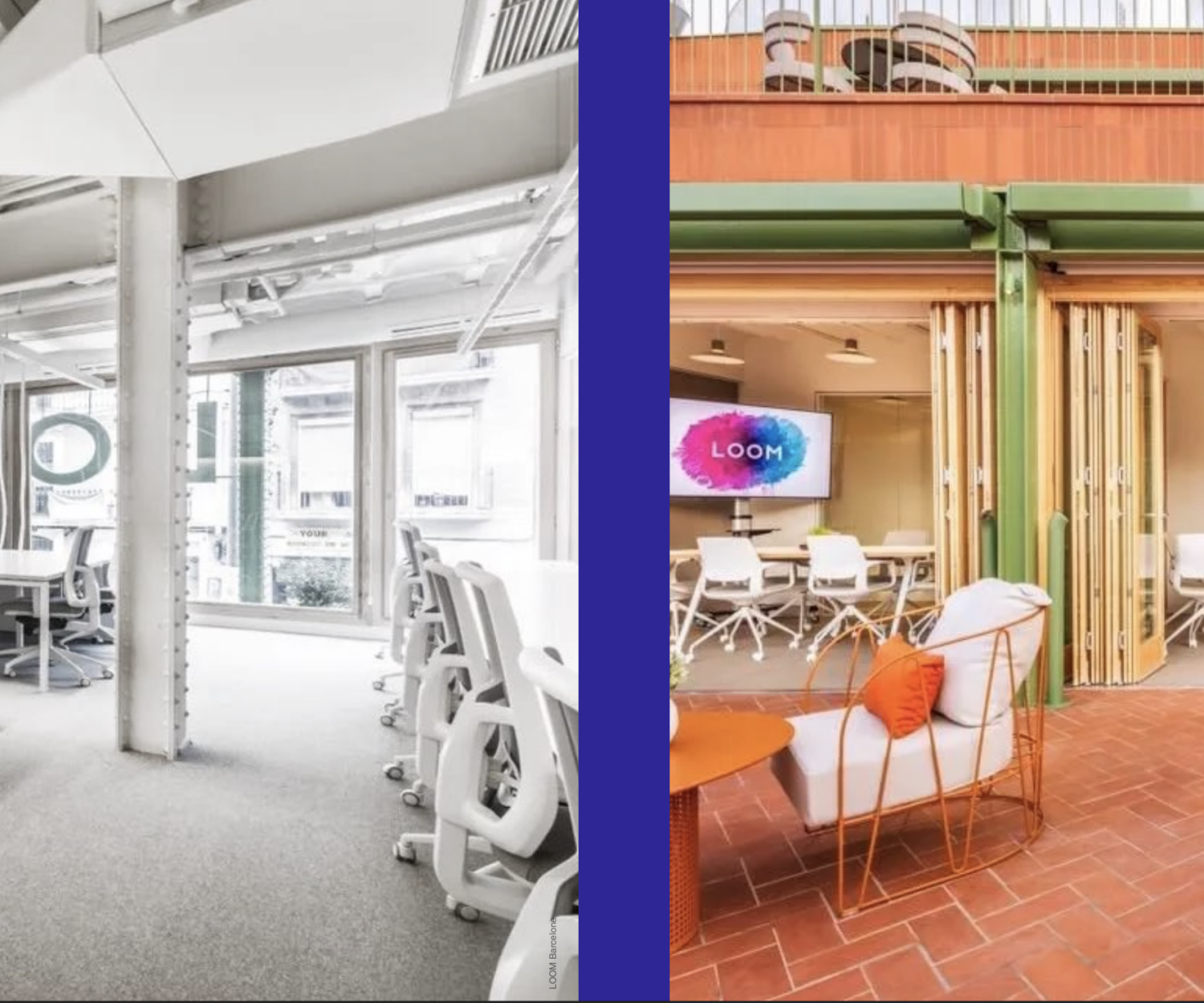 Comparaison de deux bureaux, l'un monochrome et l'autre coloré pour expliquer comment la couleur impacte nos capacités cognitives dans les espaces de travail.